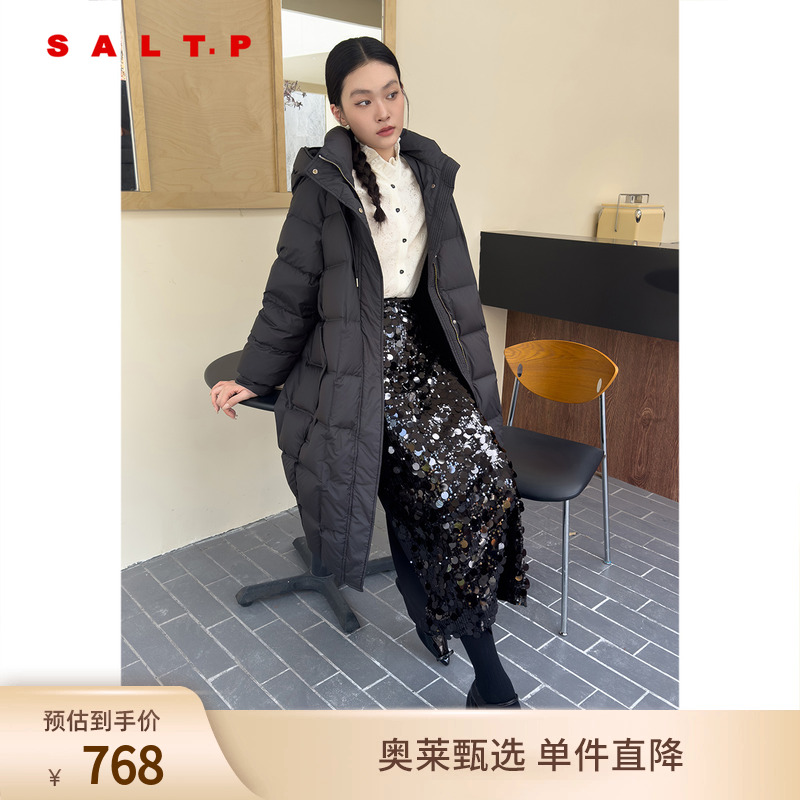 SALT.P可颜高克重白鸭绒高密盐缩直充连帽长款羽绒服2024冬