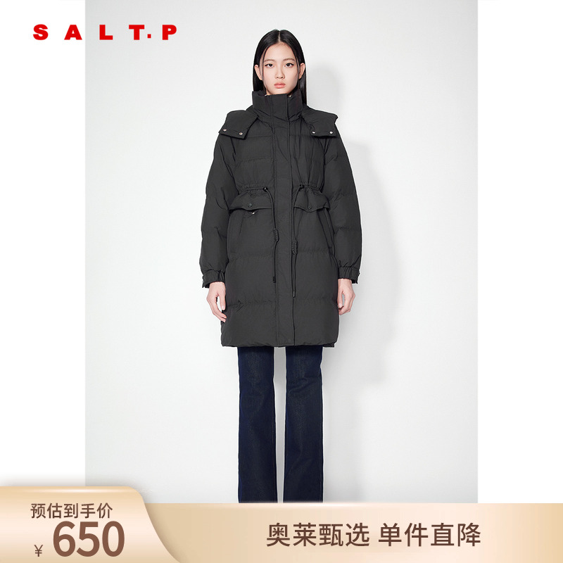 SALT.P可颜简约百搭抽绳收腰中长款连帽白鸭绒羽绒服2024冬