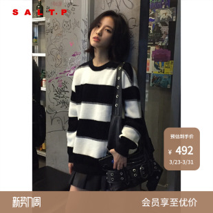 SALT.P可颜进口弹力尼龙仿貂毛撞色黑白条纹毛衣毛针织衫 冬