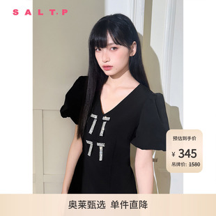 钉珠蝴蝶结收腰小黑裙连衣裙夏 SALT.P可颜v领灯笼袖