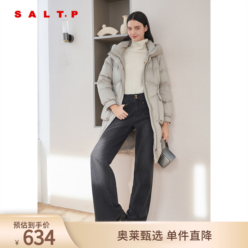SALT.P可颜白鸭绒立体袋抽绳大廓型长款立领连帽羽绒服冬季款