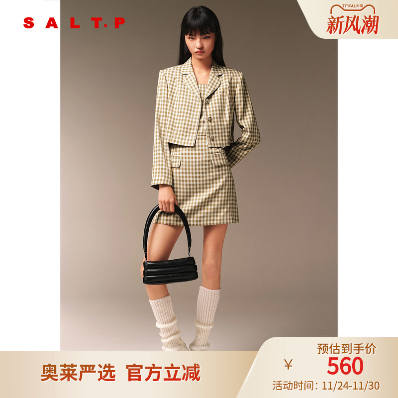 SALT.P可颜复古玛丽珍格纹西装领学院风短款外套2024秋