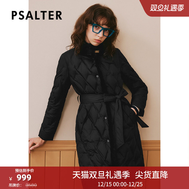 诗篇专选冬水貂毛领系带中长款格纹鹅绒服羽绒服
