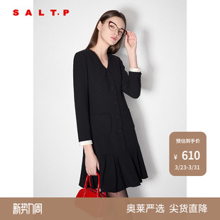 SALT.P可颜v领撞色复古老钱风收腰小黑裙连衣裙秋