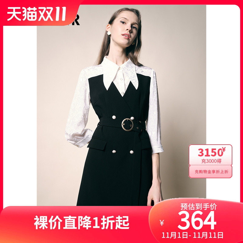 诗篇可颜女装2022秋季新款翻领肌理衬衫假两件西装裙连衣裙