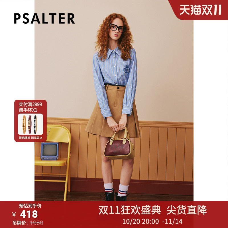 PSALTER诗篇秋宽松翻领学院风刺绣清新条纹衬衫
