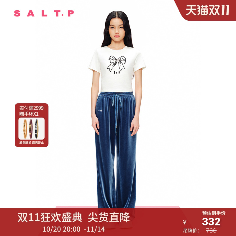 SALT.P可颜2024春夏蝴蝶结绣花钉珠截短上衣短袖T恤