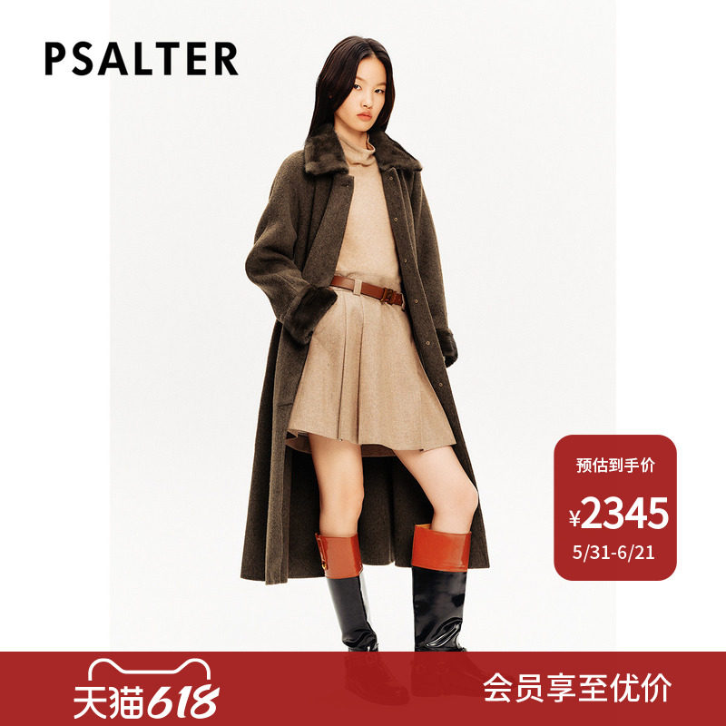 PSALTER诗篇时尚水貂领拼接袖口长款双面毛呢大衣外套冬款