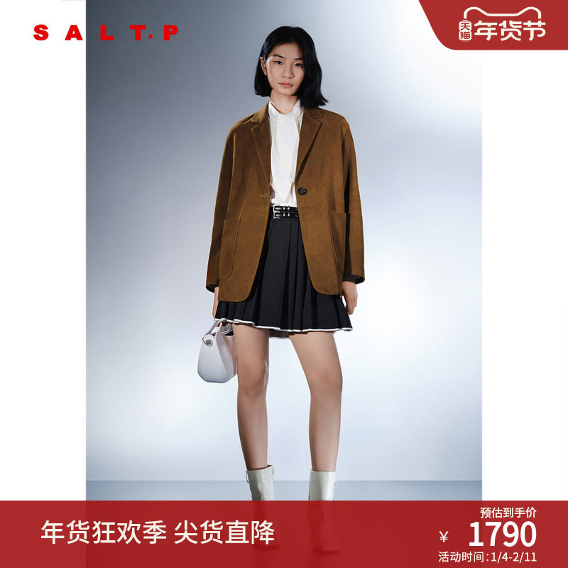 SALT.P可颜2025年春季新款复古巴恩风羊皮绒面西装外套女真皮皮衣,女装/女士精品,皮衣,淘宝优惠券,粉丝福利购,淘宝优惠卷