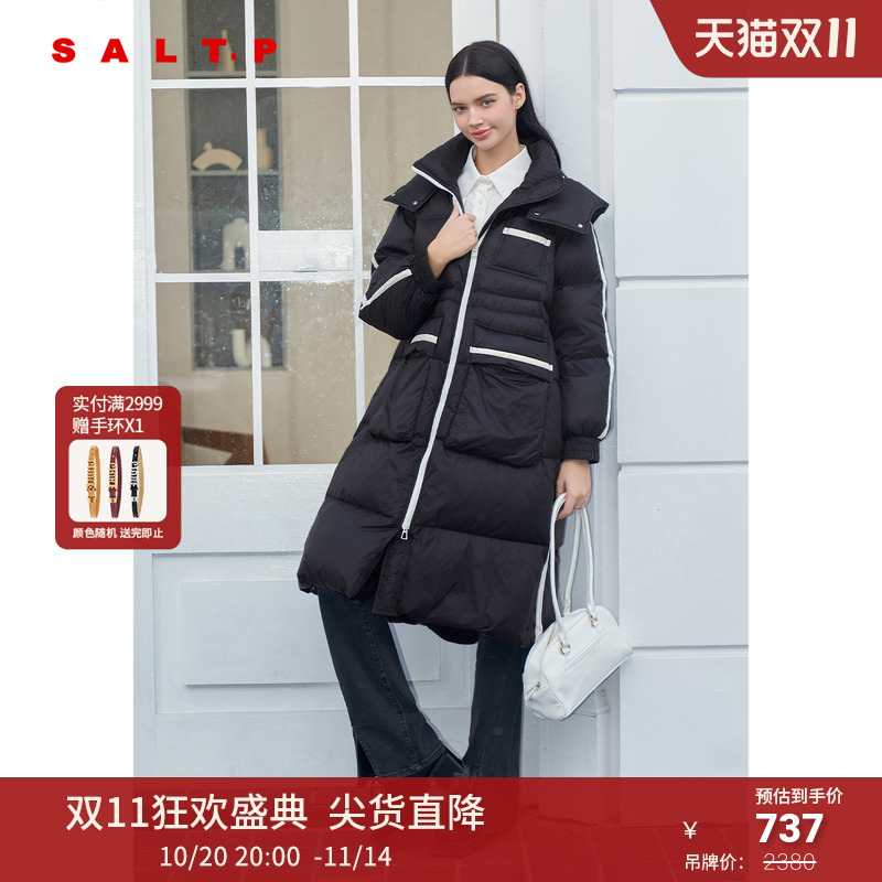 SALT.P可颜白鸭绒黑白撞色宽松连帽廓形感长款羽绒服2024冬