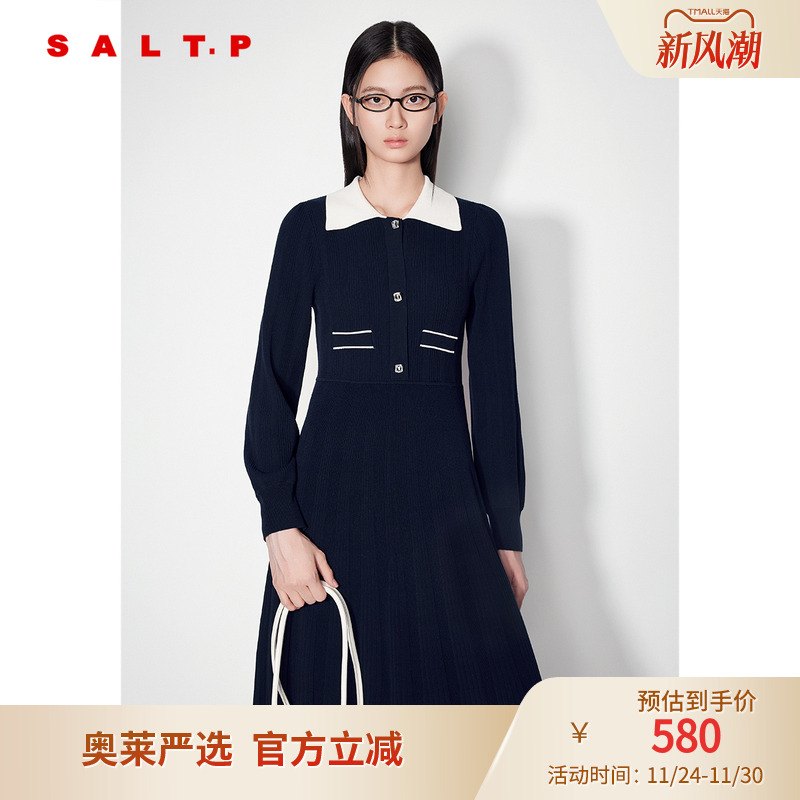SALT.P可颜撞色翻领学院风修身显瘦收腰毛织裙连衣裙冬款