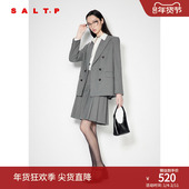 SALT.P可颜高级烟灰学院风羊毛西装 百褶裙半身裙秋款