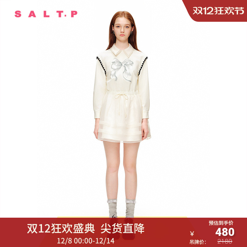SALT.P可颜2024春网纱拼接假两件学院风蝴蝶结印花连衣裙