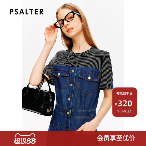 诗篇专选圆领条纹假两件高腰复古牛仔裙连衣裙夏