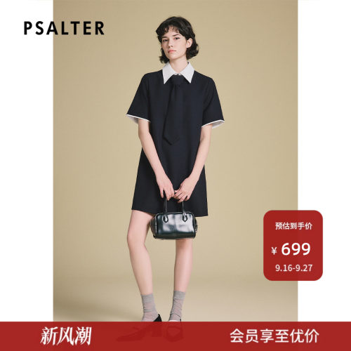 PSALTER诗篇学院风领带拼色翻领短袖直身廓形连衣裙2025春款