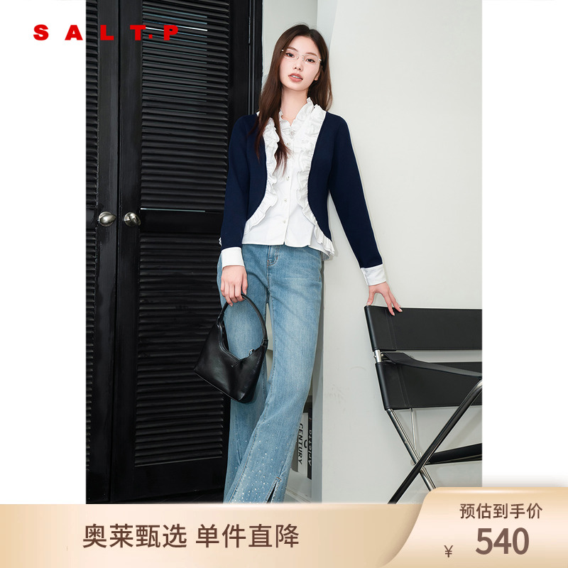 SALT.P可颜2024秋v领荷叶边衬衫撞色拼接假两件毛针织衫