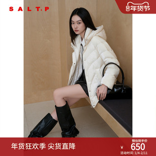 SALT.P可颜天鹅绒拼接袖层次感白鸭绒立领连帽羽绒服2024冬