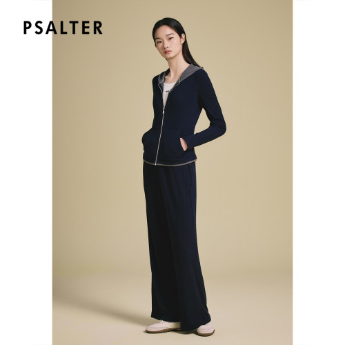 PSALTER诗篇针织细坑条肌理假两件连帽拉链开衫外套