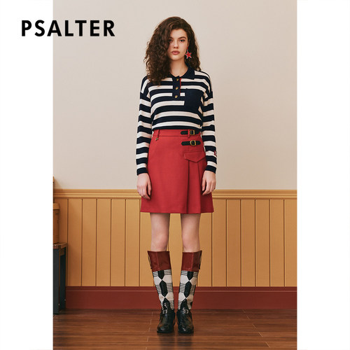 PSALTER诗篇冬翻领学院风条纹羊毛针织衫