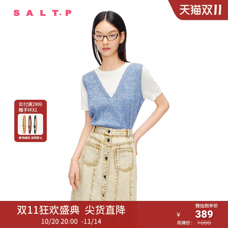 SALT.P可颜2024夏假两件v领拼接牛仔蓝花纱上衣短袖针织衫