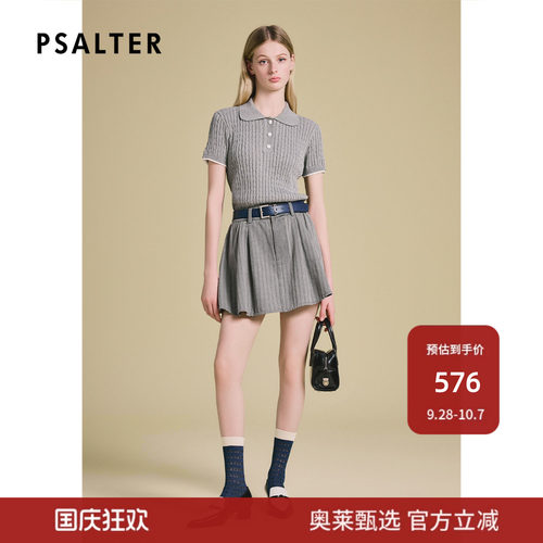 PSALTER诗篇翻领短袖Polo领扭花修身针织T恤衫女上衣2025夏款