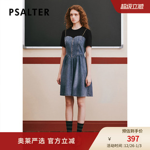 诗篇专选秋圆领收腰修身 显瘦拼接假两件牛仔裙连衣裙