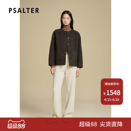 诗篇专选千鸟格竖纹条双面呢羊毛短外套2025冬款