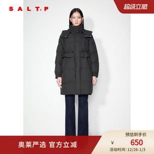 SALT.P可颜简约百搭抽绳收腰中长款 连帽白鸭绒羽绒服2024冬