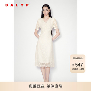 SALT.P可颜v领收腰钉珠镂空度假风蕾丝连衣裙夏款