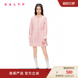 SALT.P可颜2024春糖果色baby粉粗花呢拼接假两件娃娃裙连衣裙