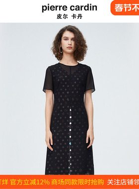 皮尔卡丹女装夏季新款圆领印花收腰开叉假两件连衣裙P4215D4009B0