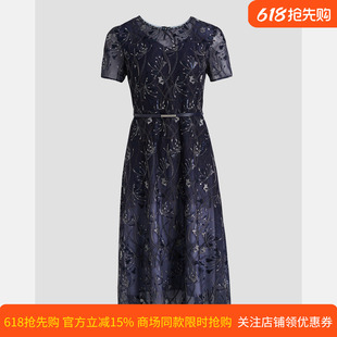 皮尔卡丹女装夏季新款蓝色蕾丝短袖收腰A字裙连衣裙P3224D3165N3