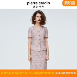 皮尔卡丹女装红花色单排扣短袖女上衣V领小外套P4245L3027R3