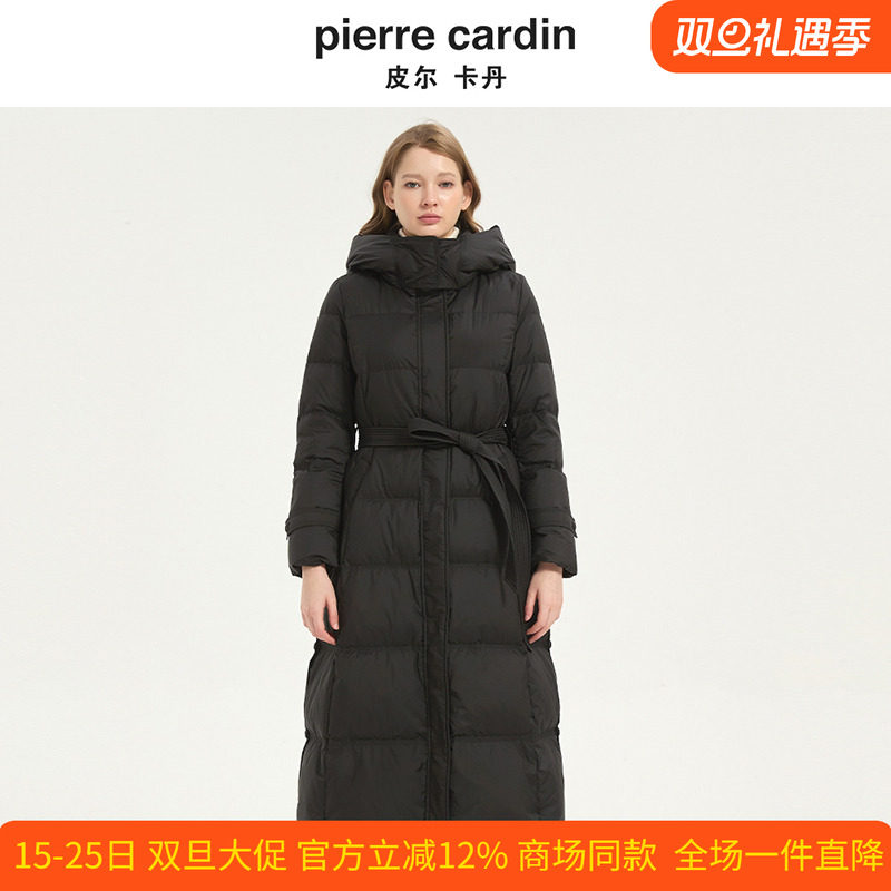 皮尔卡丹女装冬季新款中长款系带收腰连帽女士羽绒服CD54YL030B0