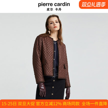 皮尔卡丹女装专柜正品新款咖色格状短款棉服保暖外套P4460M4999K0