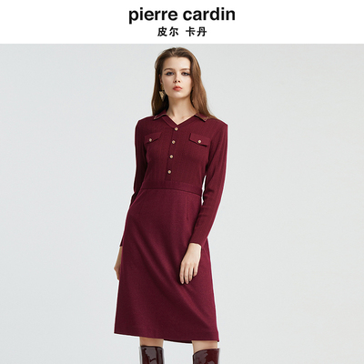 商场同款皮尔卡丹女装新款修身英伦法风酒红连衣裙