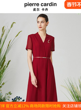皮尔卡丹女装夏季新款红色V领短袖A字裙收腰连衣裙P3215D3113R0