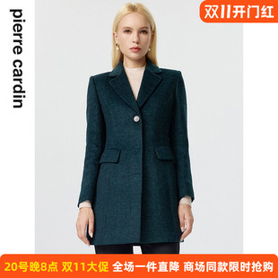 商场同款皮尔卡丹女装毛呢外套绿色羊毛复古休闲西装式外套女
