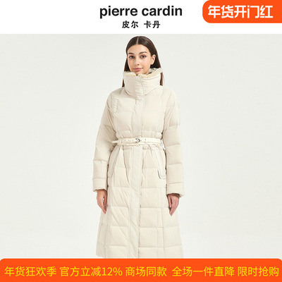 皮尔卡丹女装冬新款白色中长款收腰立领貉子毛领羽绒服CD54YL014