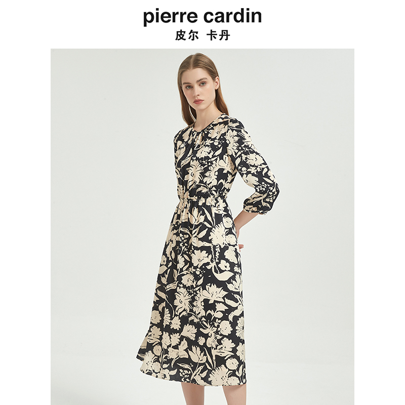 皮尔卡丹女装2025夏季法式莉香风浅收腰优雅印花连衣裙设计感