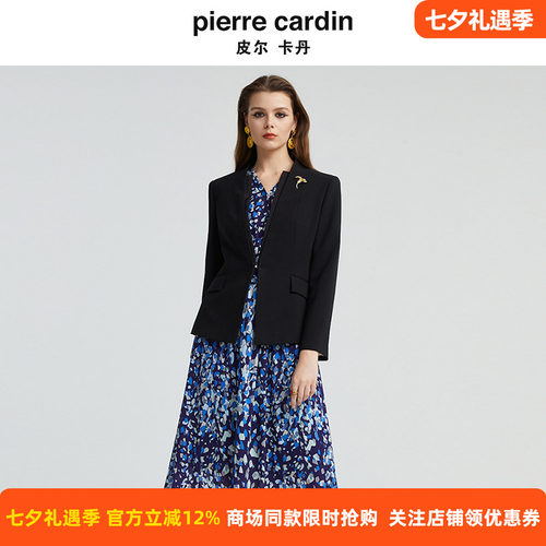 皮尔卡丹女装秋季新款纯黑色无领醋纤行政商务女西服P4332U4970B0