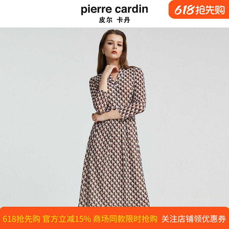 皮尔卡丹女装秋季新款V领长袖咖花色A字裙气质连衣裙P4337E4968K3