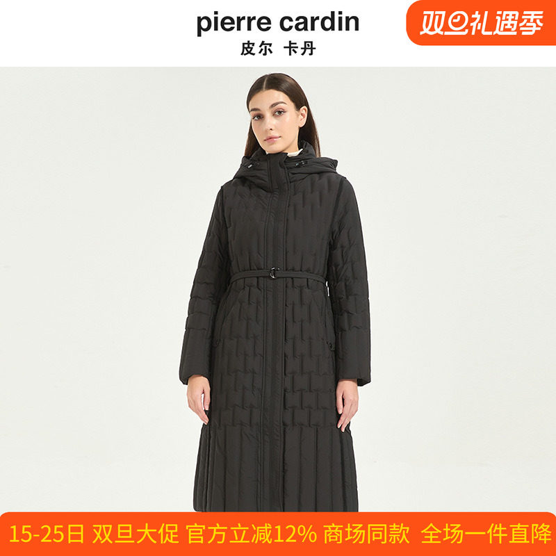 皮尔卡丹女冬季新款格状中长款连帽收腰保暖鸭绒羽绒服CD54YL011