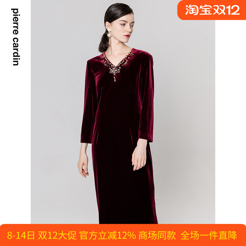 淑女典雅丝绒酒红连衣裙