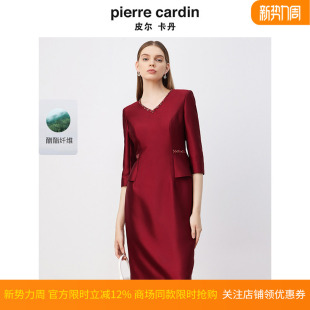 商场同款 连衣裙酒红色缎面亮面醋纤气质高贵裙子 皮尔卡丹女装