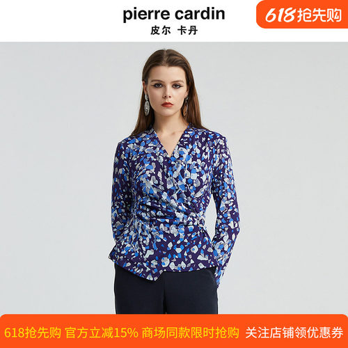 皮尔卡丹女装秋季新款蓝花色V领捏褶设计款小众衬衫P4336B4984L3
