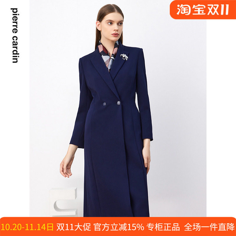 商场同款皮尔卡丹女装风衣春秋新款蓝色西服领时尚宽松女大衣