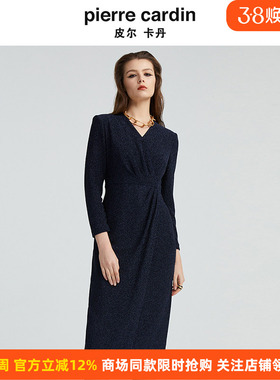 皮尔卡丹女装秋季新款长袖藏蓝色V领显瘦时尚连衣裙P4340E4996L0