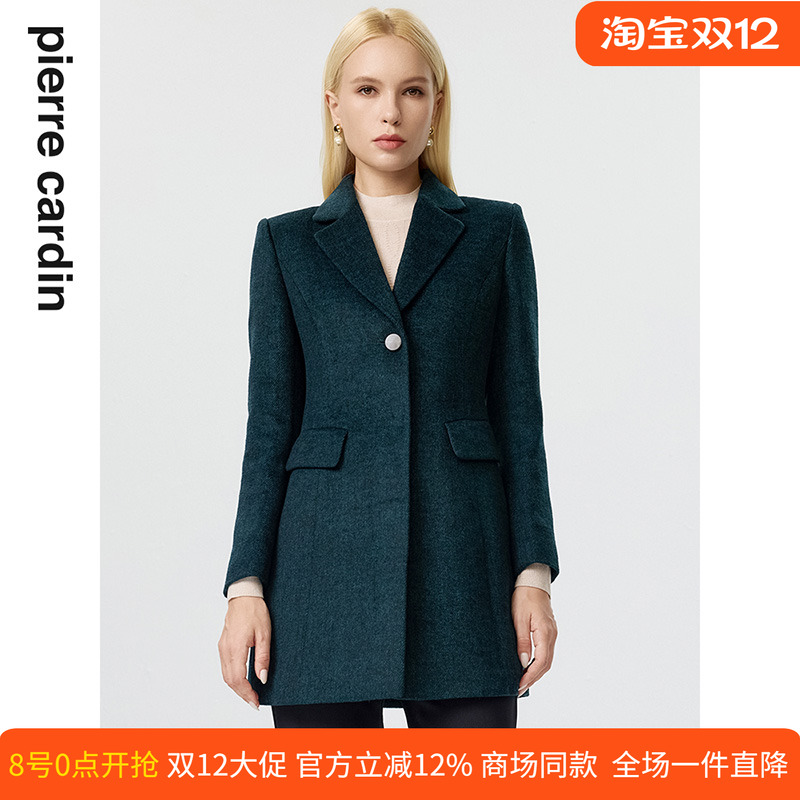 商场同款皮尔卡丹女装毛呢外套绿色羊毛复古休闲西装式外套女