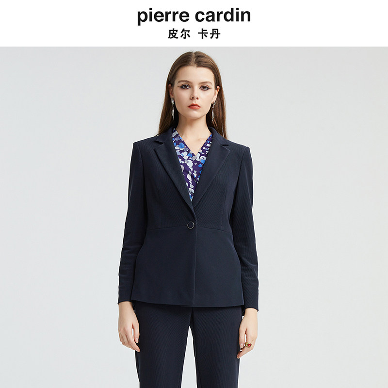 皮尔卡丹女装秋季新款藏蓝色一粒扣时尚西服外套上衣P4343U4996N0